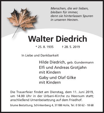 Traueranzeige von Walter Diedrich von Hildesheimer Allgemeine Zeitung