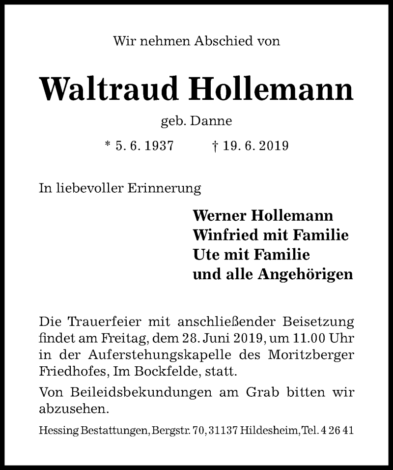  Traueranzeige für Waltraud Hollemann vom 22.06.2019 aus Hildesheimer Allgemeine Zeitung
