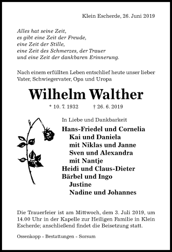 Traueranzeige von Wilhelm Walther von Hildesheimer Allgemeine Zeitung