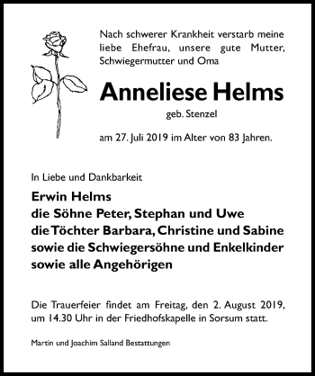 Traueranzeige von Anneliese Helms von Hildesheimer Allgemeine Zeitung