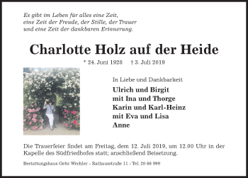 Traueranzeige von Charlotte  Holz auf der Heide von Hildesheimer Allgemeine Zeitung