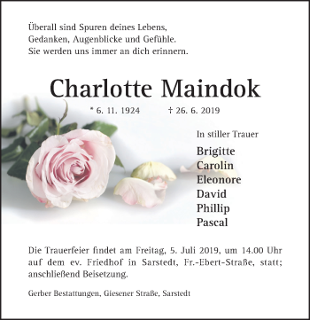 Traueranzeige von Charlotte Maindok von Hildesheimer Allgemeine Zeitung