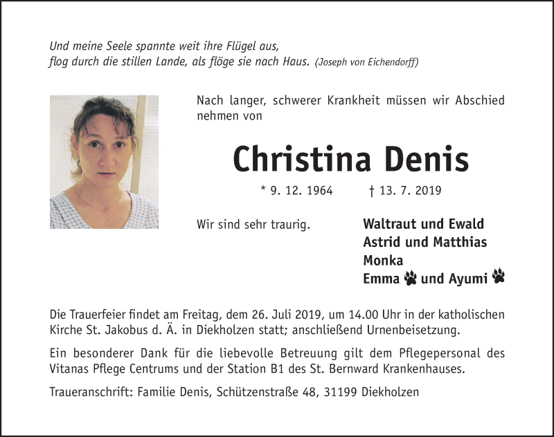  Traueranzeige für Christina Denis vom 19.07.2019 aus Hildesheimer Allgemeine Zeitung