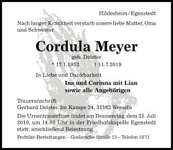 Traueranzeige von Cordula Meyer von Hildesheimer Allgemeine Zeitung