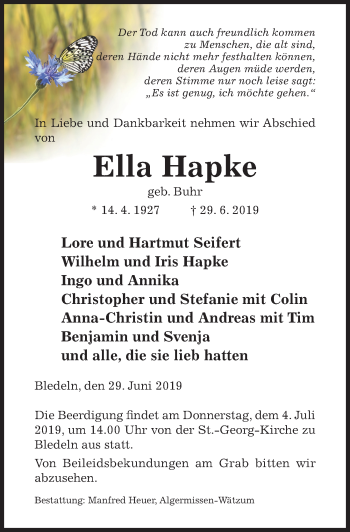 Traueranzeige von Ella Hapke von Hildesheimer Allgemeine Zeitung