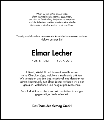 Traueranzeige von Elmar Lecher von Hildesheimer Allgemeine Zeitung