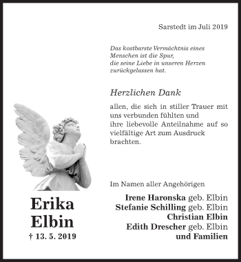 Traueranzeige von Erika Elbin von Hildesheimer Allgemeine Zeitung