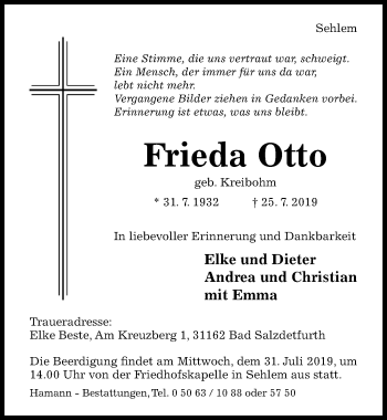 Traueranzeige von Frieda Otto von Hildesheimer Allgemeine Zeitung