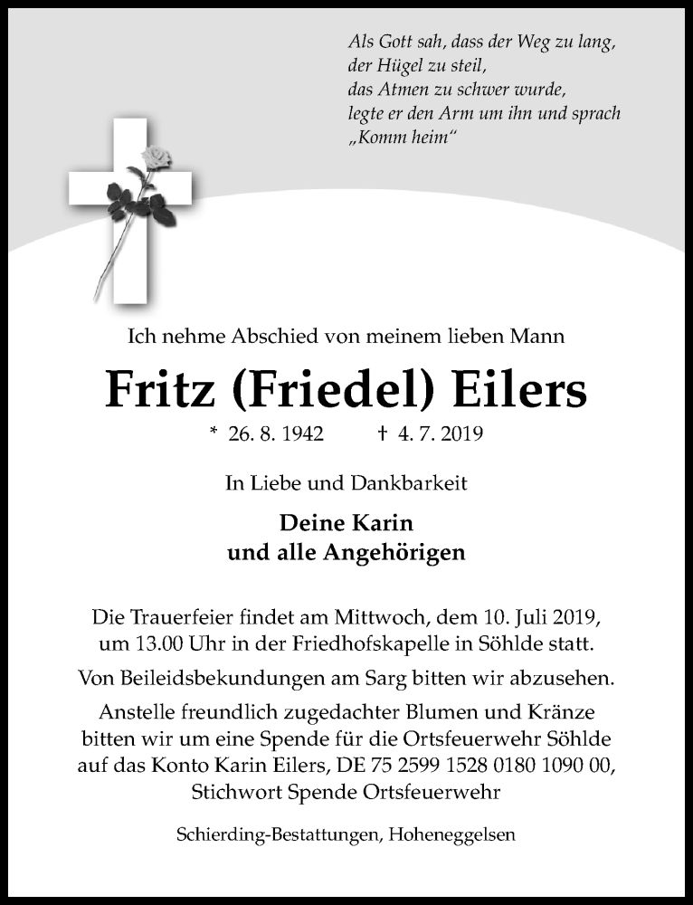  Traueranzeige für Fritz Eilers vom 06.07.2019 aus Hildesheimer Allgemeine Zeitung