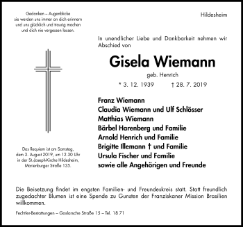 Traueranzeige von Gisela Wiemann von Hildesheimer Allgemeine Zeitung