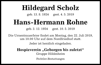 Traueranzeige von Hans-Hermann Rohne von Hildesheimer Allgemeine Zeitung
