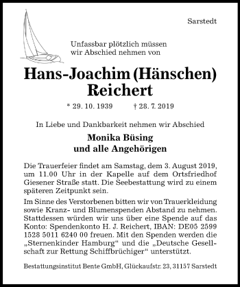 Traueranzeige von Hans-Joachim Reichert von Hildesheimer Allgemeine Zeitung