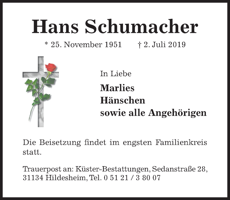  Traueranzeige für Hans Schumacher vom 06.07.2019 aus Hildesheimer Allgemeine Zeitung