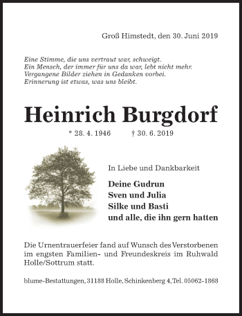 Traueranzeige von Heinrich Burgdorf von Hildesheimer Allgemeine Zeitung