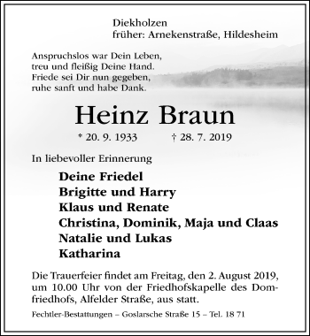 Traueranzeige von Heinz Braun von Hildesheimer Allgemeine Zeitung