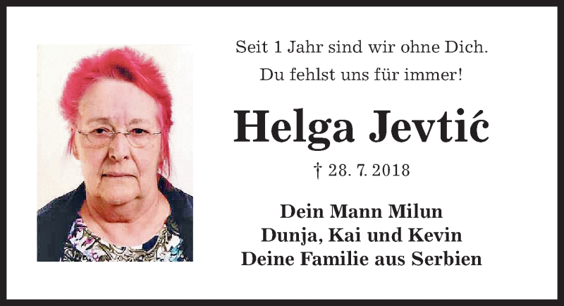  Traueranzeige für Helga Jevtic vom 27.07.2019 aus Hildesheimer Allgemeine Zeitung