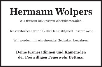 Traueranzeige von Hermann Wolpers von Hildesheimer Allgemeine Zeitung