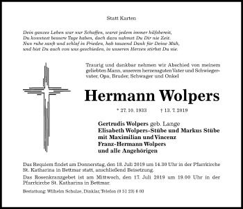 Traueranzeige von Hermann Wolpers von Hildesheimer Allgemeine Zeitung