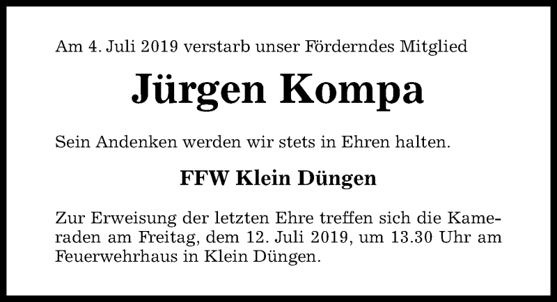  Traueranzeige für Jürgen Kompa vom 06.07.2019 aus Hildesheimer Allgemeine Zeitung