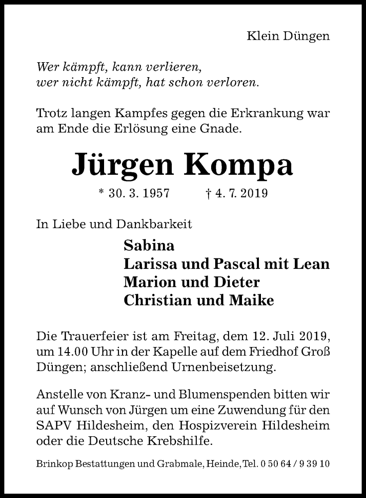  Traueranzeige für Jürgen Kompa vom 06.07.2019 aus Hildesheimer Allgemeine Zeitung