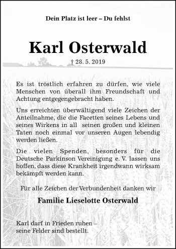 Traueranzeige von Karl Osterwald von Hildesheimer Allgemeine Zeitung