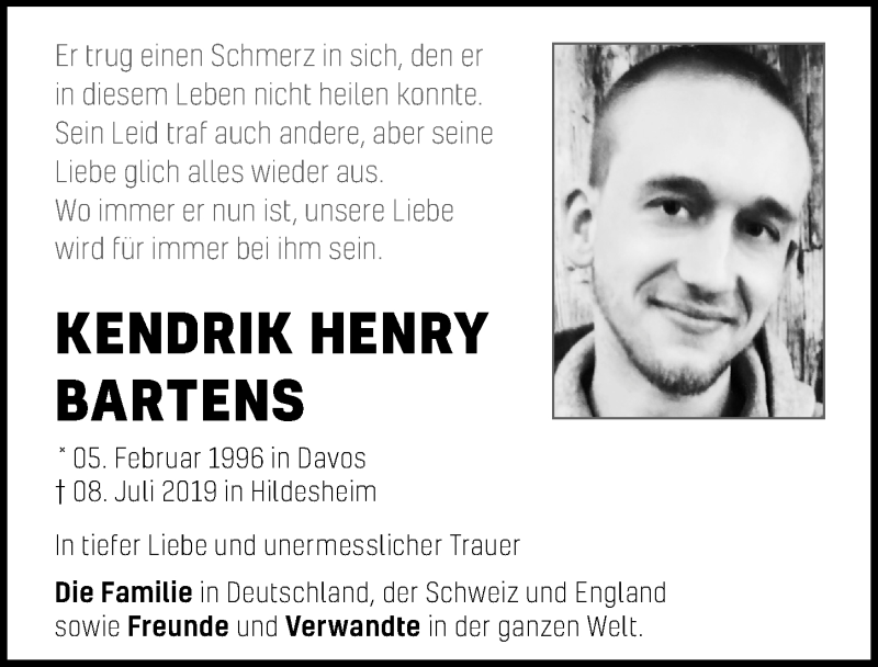  Traueranzeige für Kendrik Henry Bartens vom 20.07.2019 aus Hildesheimer Allgemeine Zeitung