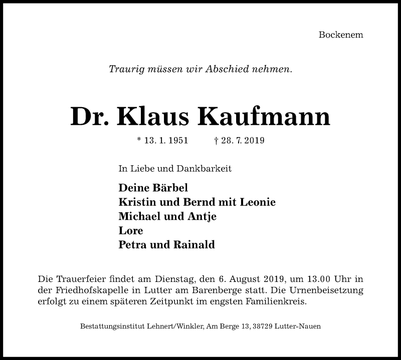  Traueranzeige für Klaus Kaufmann vom 31.07.2019 aus Hildesheimer Allgemeine Zeitung