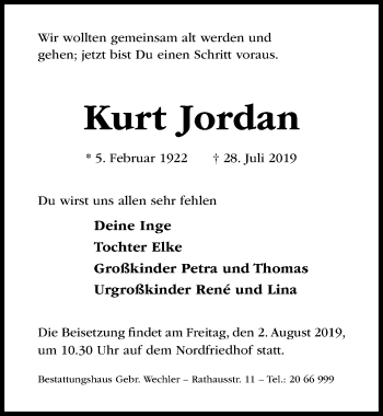 Traueranzeige von Kurt Jordan von Hildesheimer Allgemeine Zeitung