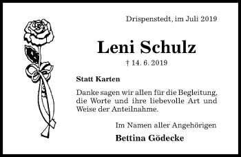 Traueranzeige von Leni Schulz von Hildesheimer Allgemeine Zeitung