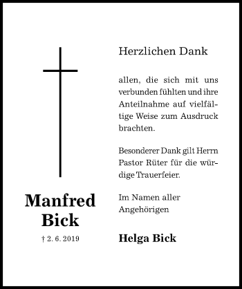 Traueranzeige von Manfred Bick von Hildesheimer Allgemeine Zeitung