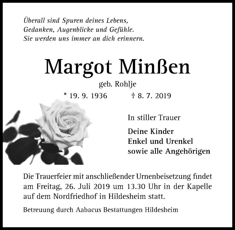  Traueranzeige für Margot Minßen vom 20.07.2019 aus Hildesheimer Allgemeine Zeitung