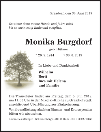 Traueranzeige von Monika Burgdorf von Hildesheimer Allgemeine Zeitung