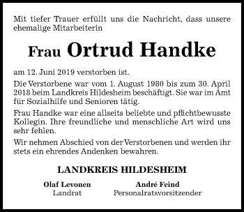 Traueranzeige von Ortrud Handke von Hildesheimer Allgemeine Zeitung