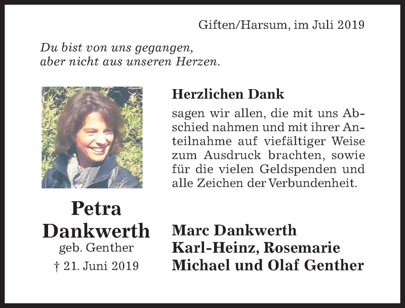  Traueranzeige für Petra Dankwerth vom 20.07.2019 aus Hildesheimer Allgemeine Zeitung