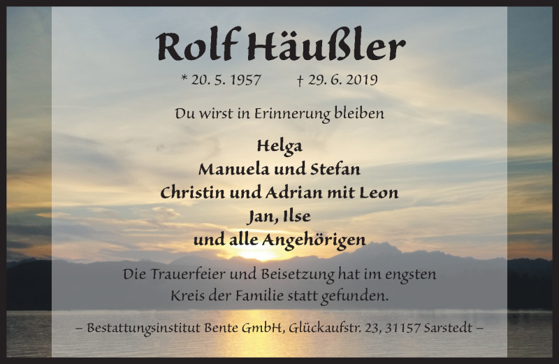  Traueranzeige für Rolf Häußler vom 13.07.2019 aus Hildesheimer Allgemeine Zeitung