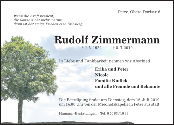 Traueranzeige von Rudolf Zimmermann von Hildesheimer Allgemeine Zeitung