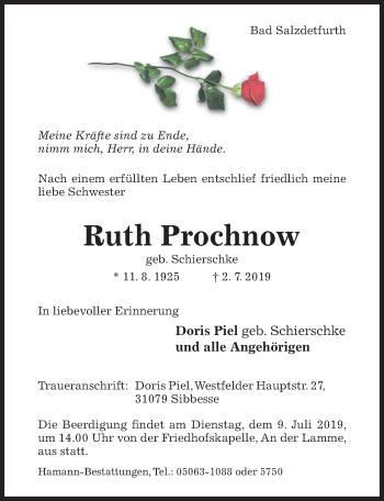 Traueranzeige von Ruth Prochnow von Hildesheimer Allgemeine Zeitung