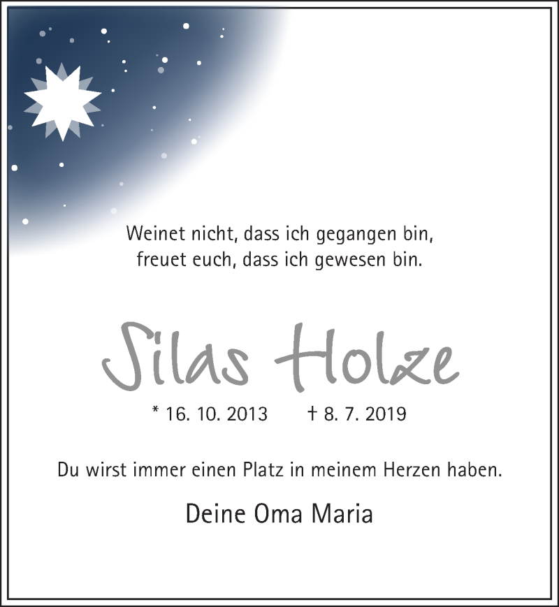  Traueranzeige für Silas Holze vom 10.07.2019 aus Hildesheimer Allgemeine Zeitung