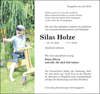 Traueranzeige von Silas Holze von Hildesheimer Allgemeine Zeitung