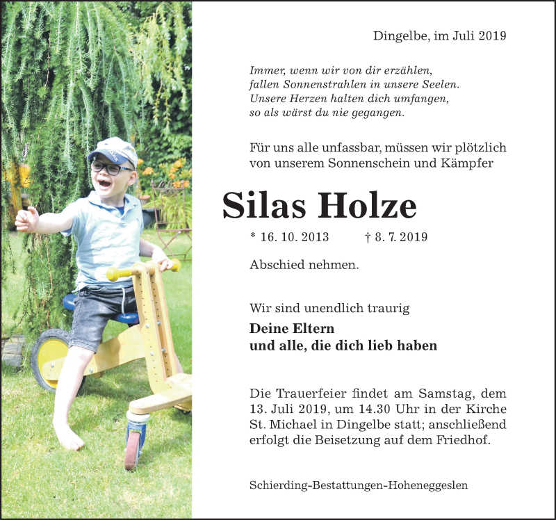  Traueranzeige für Silas Holze vom 10.07.2019 aus Hildesheimer Allgemeine Zeitung