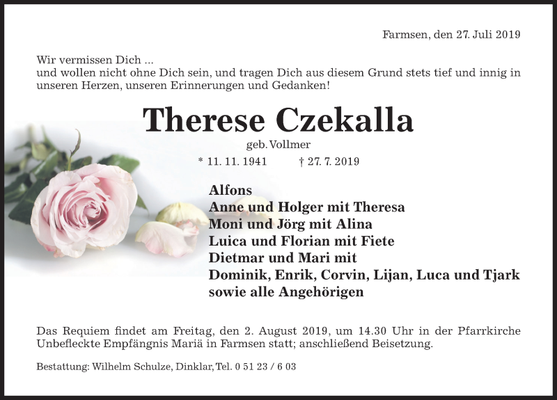  Traueranzeige für Therese Czekalla vom 30.07.2019 aus Hildesheimer Allgemeine Zeitung