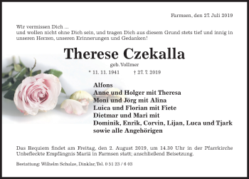 Traueranzeige von Therese Czekalla von Hildesheimer Allgemeine Zeitung