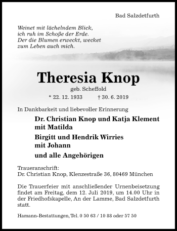 Traueranzeige von Theresia Knop von Hildesheimer Allgemeine Zeitung