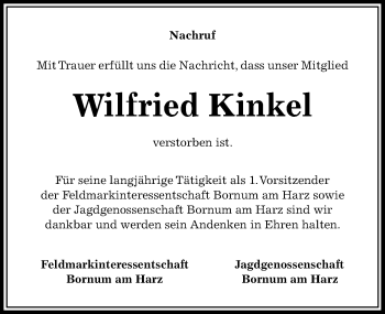 Traueranzeige von Wilfried Kinkel von Hildesheimer Allgemeine Zeitung