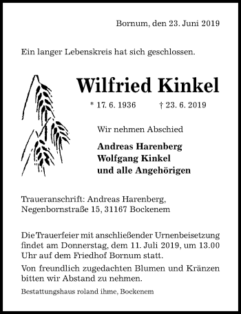 Traueranzeige von Wilfried Kinkel von Hildesheimer Allgemeine Zeitung