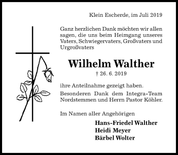 Traueranzeige von Wilhelm Walther von Hildesheimer Allgemeine Zeitung