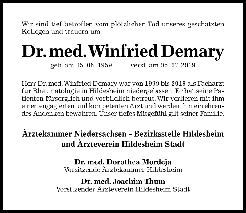  Traueranzeige für Winfried Demary vom 18.07.2019 aus Hildesheimer Allgemeine Zeitung