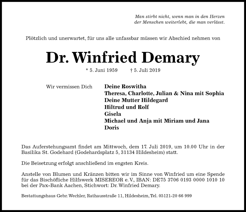  Traueranzeige für Winfried Demary vom 13.07.2019 aus Hildesheimer Allgemeine Zeitung