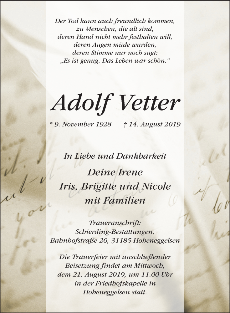  Traueranzeige für Adolf Vetter vom 17.08.2019 aus Hildesheimer Allgemeine Zeitung