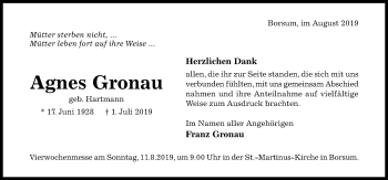 Traueranzeige von Agnes Gronau von Hildesheimer Allgemeine Zeitung